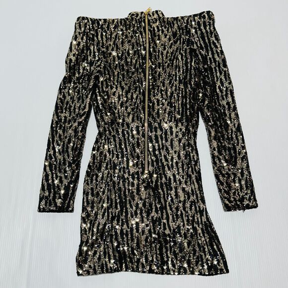 Balmain Strong-Shoulder Mini Dress 40/US 8 Gold Black Sequin Back Zip NWT $3650 - Picture 6 of 14